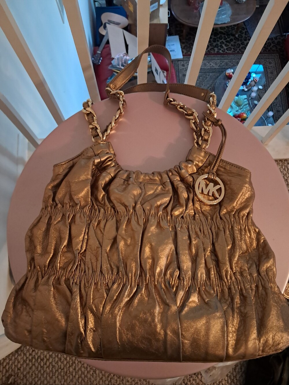 Vtg Y2k Michael Kors Women's Purse Metallic Gold Ruched Leather Logo Designer